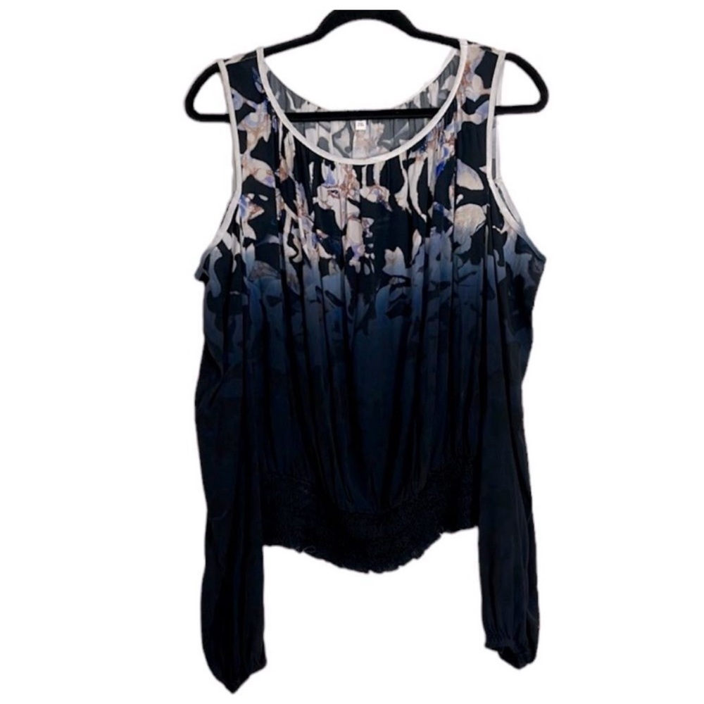 Flowers of Romance Blue Ombré Floral Cold Shoulder Long Sleeve Top